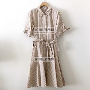 Calvin Klein Beige and White Gingham Midi Shirt Dress